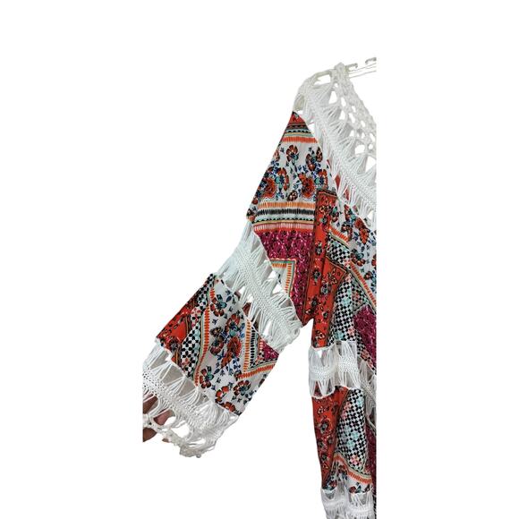 4113) Vivid Mix Print Crocheted Boho V Neck Tunic Hollow out Cover Up Size 3X - Picture 5 of 9